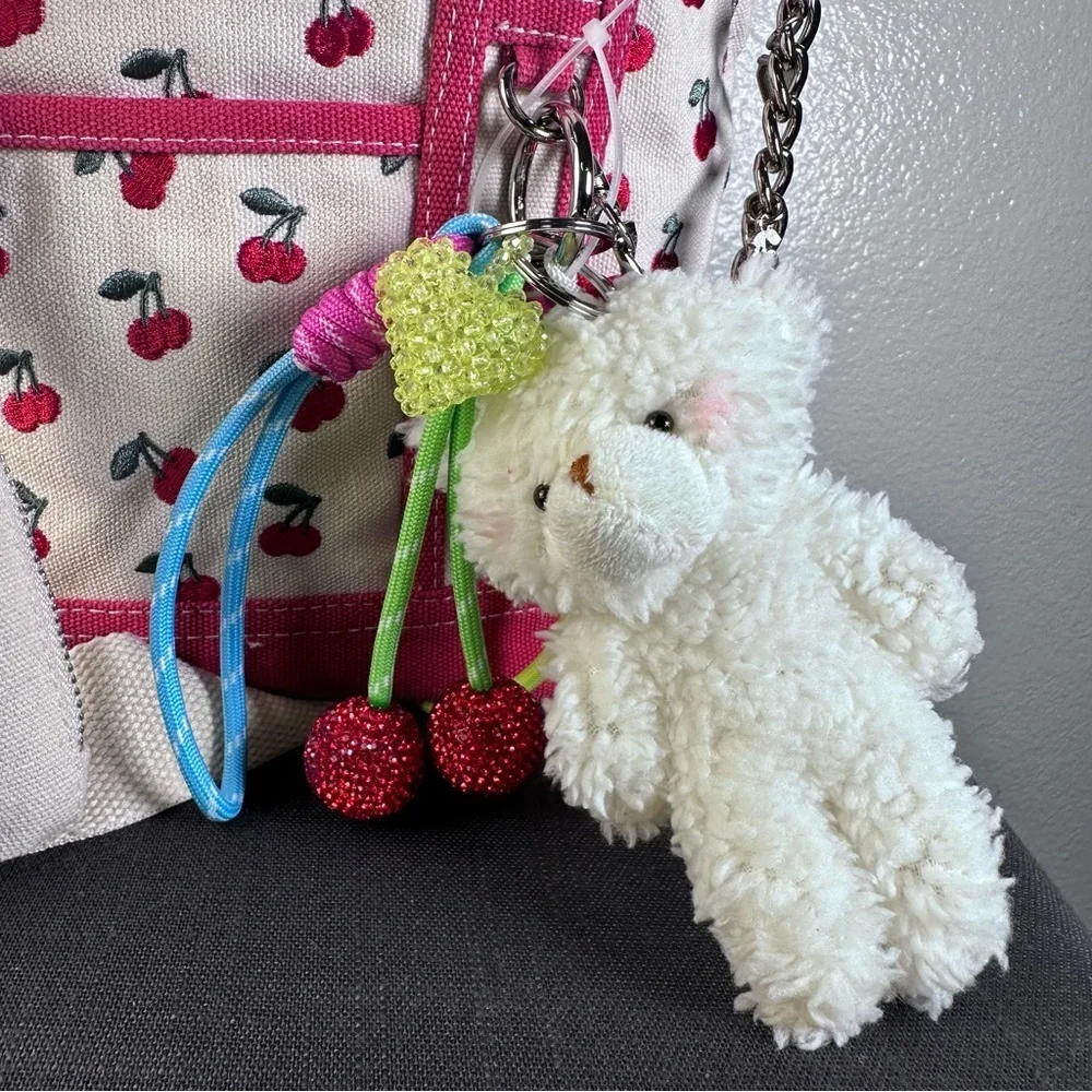 Madden Girl Mini Viral Tote Cherry Cherries Pink Teddy Bear Jeweled Keychains - Picture 2 of 5